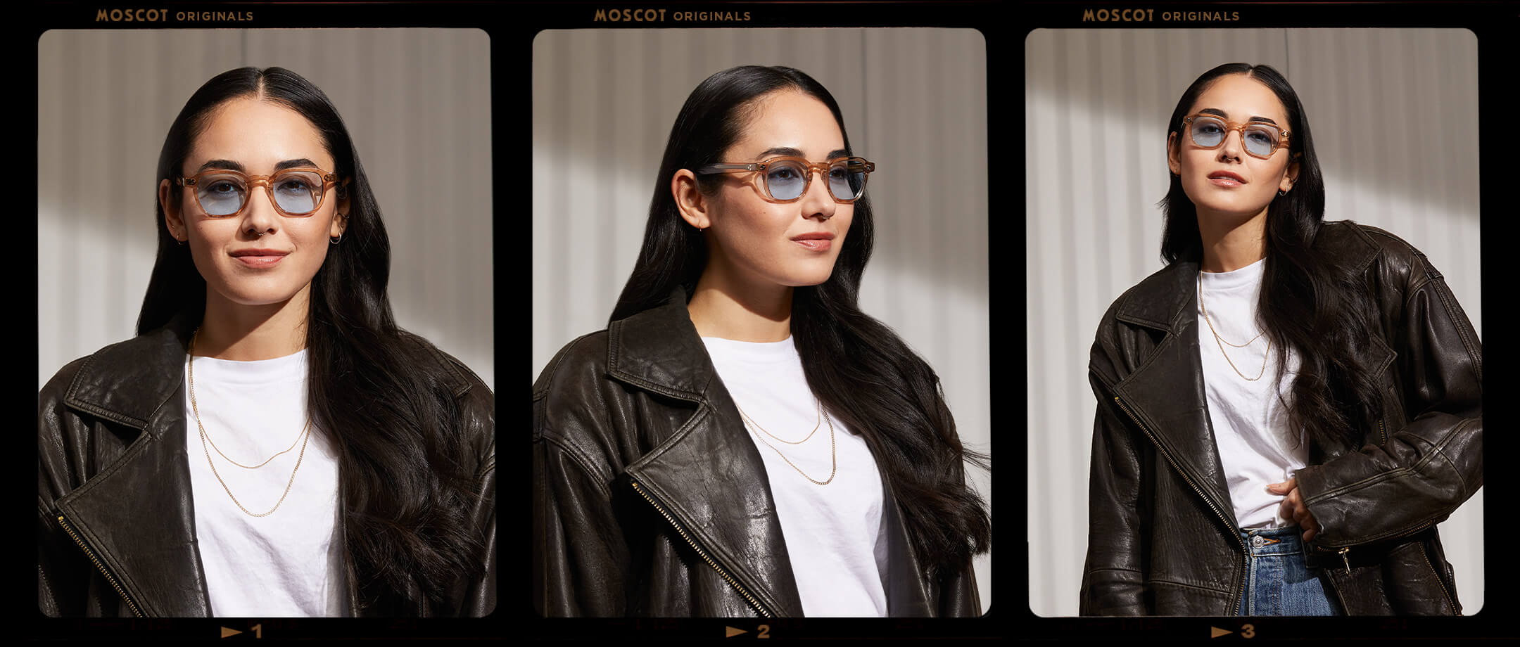 Model is wearing The MOMZA in Cinnamon in size 46 with Bel Air Blue Tinted Lenses