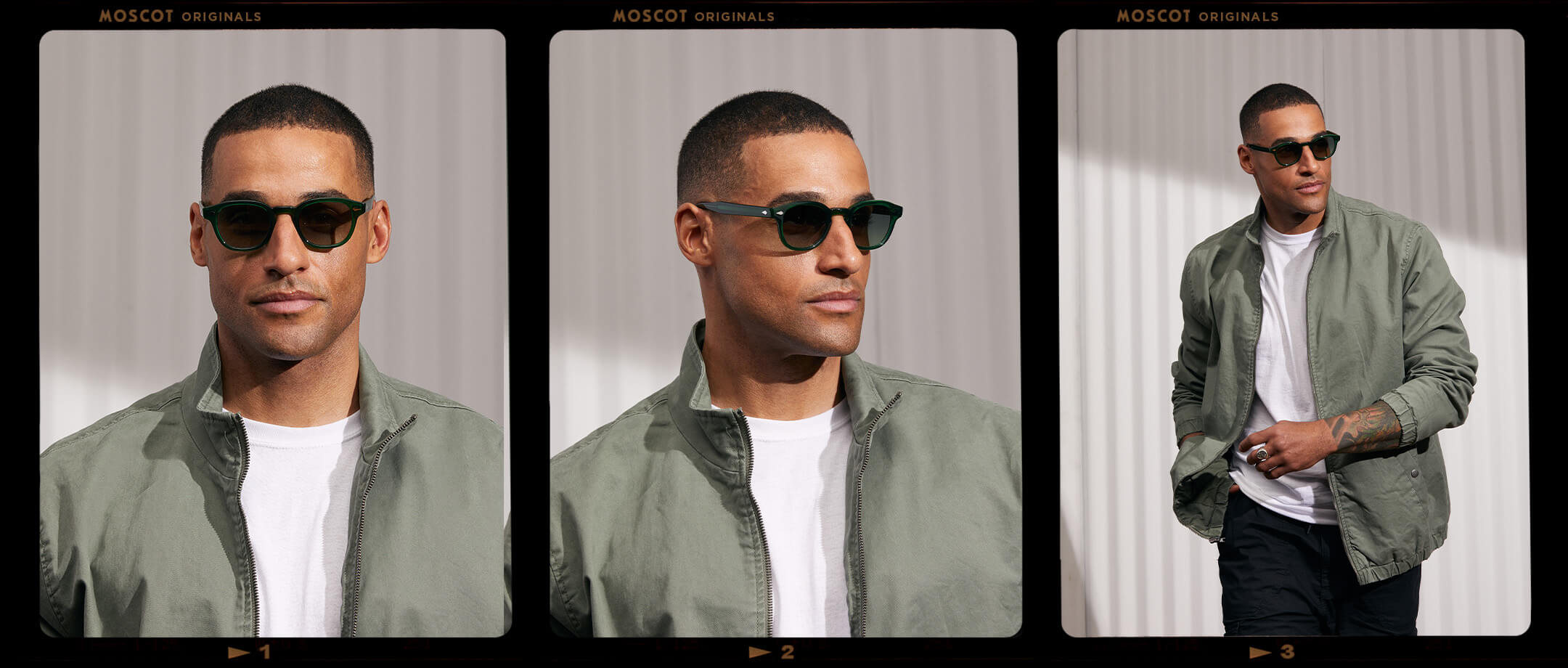 Model is wearing The LEMTOSH in Emerald in size 46 with Forest Wood Tinted Lenses