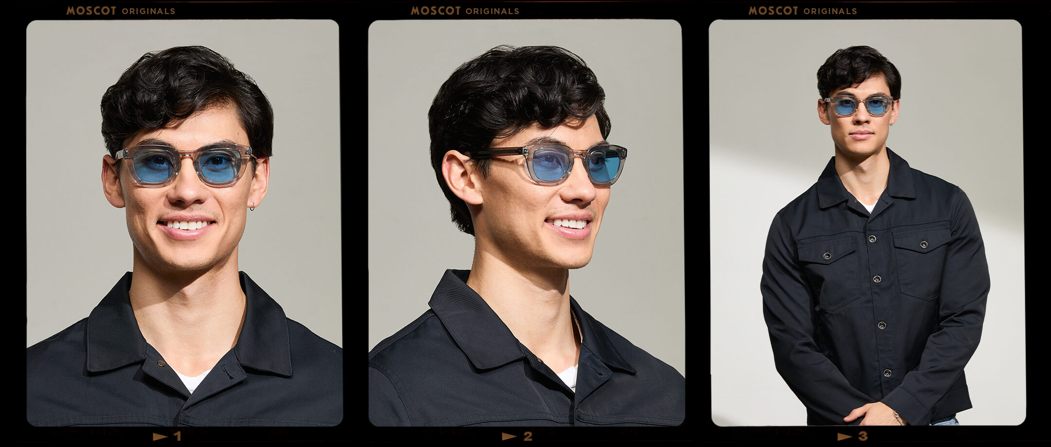 Model is wearing The TELENA in Grey/Light Grey in size 47 with Celebrity Blue Tinted Lenses