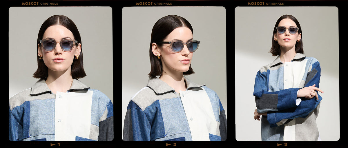 Model is wearing The TELENA in Grey/Light Grey in size 47 with Denim Blue Tinted Lenses